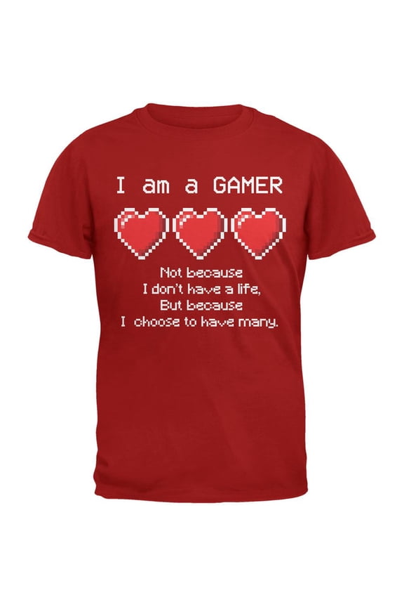 Eight Bit Three Lives Gamer Cardinal Red Adult T-Shirt