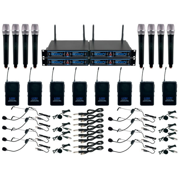 Eight Channel UHF/DSP HYBRID WIRELESS MIC SYSTEM WITH BODY PACKS,HANDHELD,INSTRUMENT CABLE