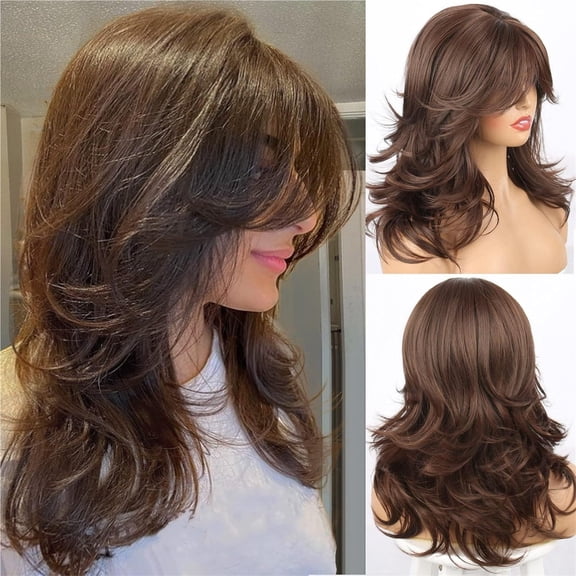 Eight Character Bangs, Medium Long Hair, Natural Long Layered Wig Breathable, lightweight