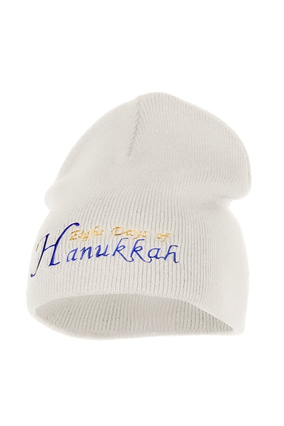 Eight Days of Hanukkah Embroidered Short Beanie - White OSFM