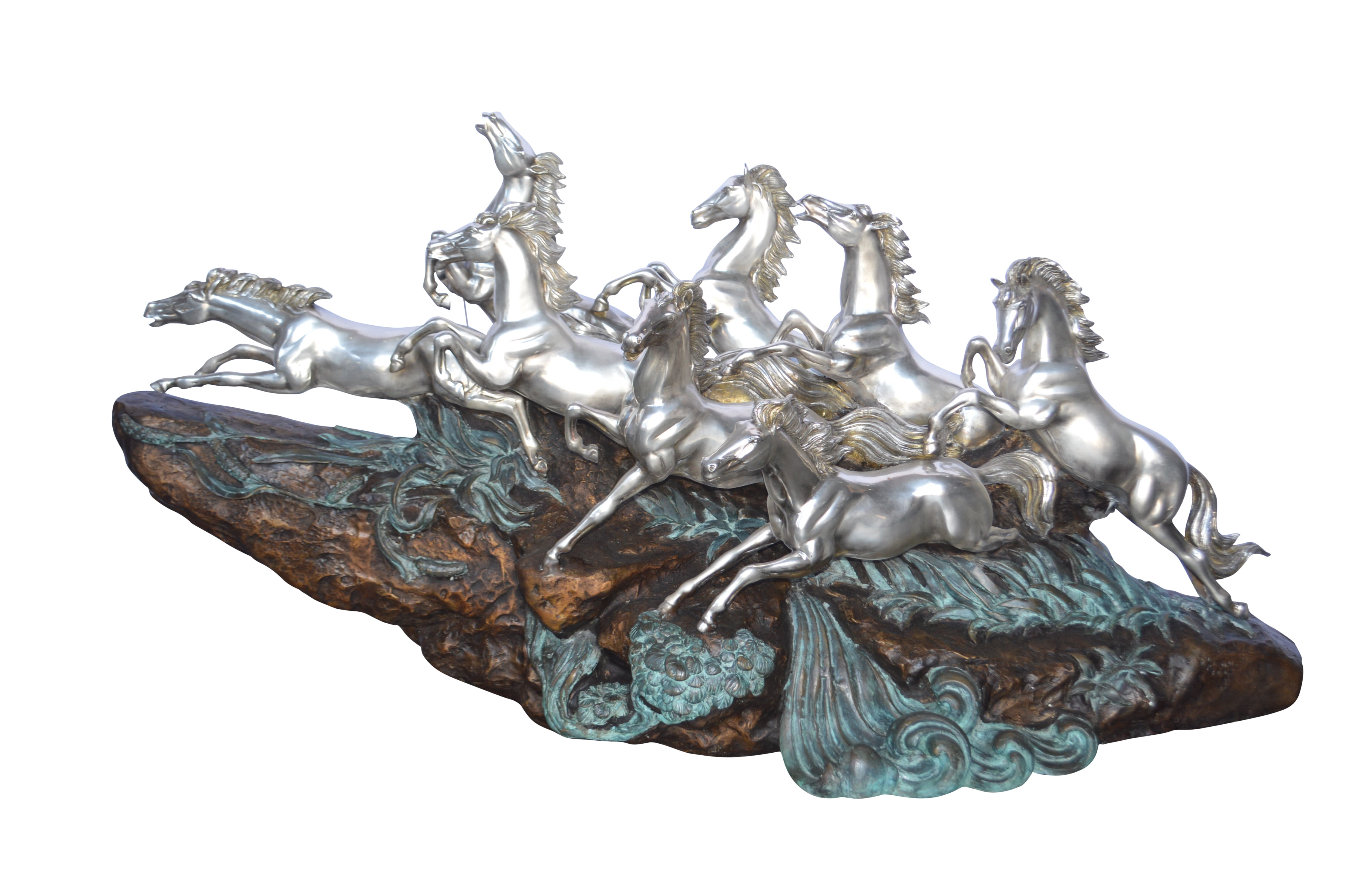 Nifao Eight Horses Running Bronze Statue Silver Finish – Garden Outdoor Decor Sculpture, 59"L x 20"W x 28"H