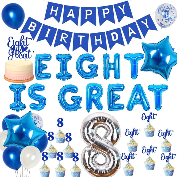 Joymemo Eight Is Great Birthday Party Decoration Kits with Balloons and Banner, Rubber/Foil Blue