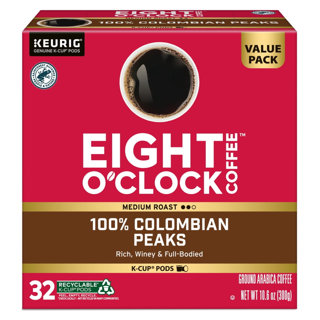 Eight O'Clock Coffee Medium Roast 100% Colombian Peaks Coffee Value Pack 32 - 0.33 oz K-Cup Pods