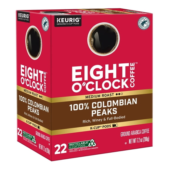 Eight O'Clock 100% Colombian Peaks, Medium Roast Coffee, Keurig K-Cup Single Serve Coffee Pods, 22 Count
