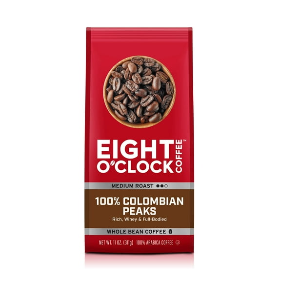Eight O,Clock Coffee 100% Colombian Peaks & Arabica, Medium Roast, Whole Bean Coffee, Kosher Certified, 11 Oz