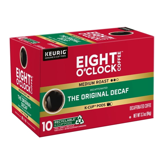 Eight O'Clock Original Decaf, Medium Roast Coffee, Keurig K-Cup Single Serve Coffee Pods, 10 Count