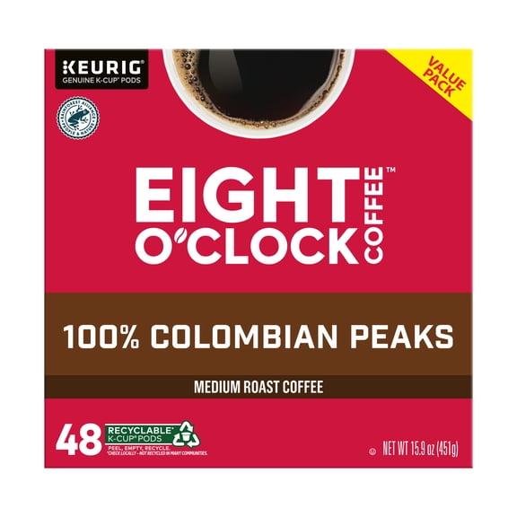 Eight O'Clock Coffee Medium Roast 100% Colombian Peaks Coffee Value Pack 48 - 0.33 oz K-Cup Pods