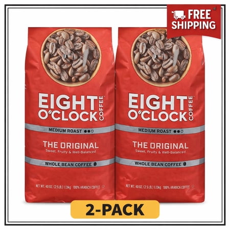 Eight O'Clock The Original Medium Roast Whole Bean Coffee, 40 oz Each, Pack of 2