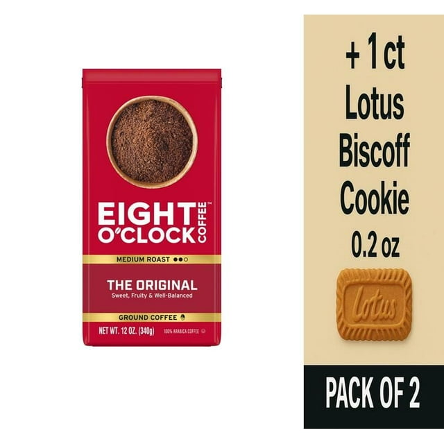 Eight OClock Coffee Medium Roast Ground The Original Coffee 12 oz - Pack of 2 & Lotus Biscoff Cookie - 0.2 Oz - 1 ct