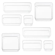 Eight Piecs. Plastic Clear Drawer Organizers for Bathroom, Kitchen, Bedroom, Office Organizer Bins, Storage Trays. Heavy Duty, Stackable 4 Sizes
