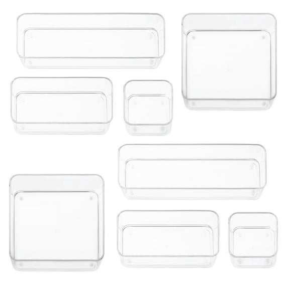 Eight Piecs. Plastic Clear Drawer Organizers for Bathroom, Kitchen, Bedroom, Office Organizer Bins, Storage Trays. Heavy Duty, Stackable 4 Sizes