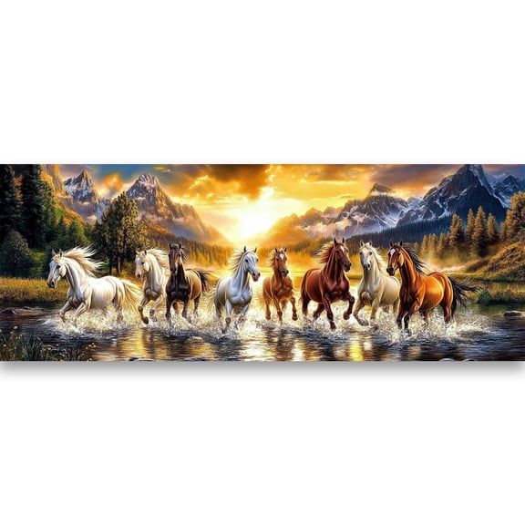 Eight Running Horses Sunset Diamond Painting Kit for Adults - Full Drill 5D Rhinestone Art, Mountain Stream Design DIY Crystal Painting for Home Wall Decor