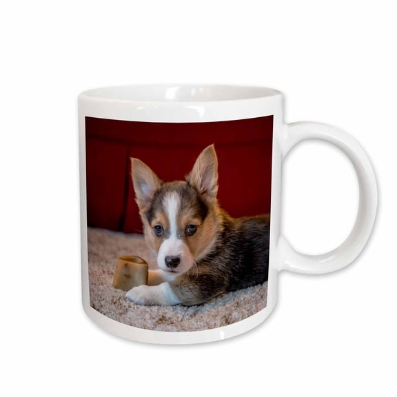 3drose, Eight Week Old Corgi Puppy Resting on the Carpet Guarding His Bone., 11oz Mug