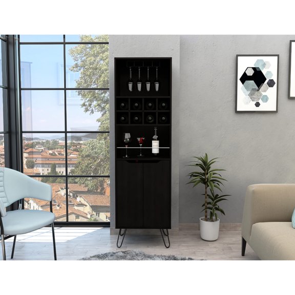 Eight liquor bottle cubbies, slanted steel legs design / Enhance bar area aesthetics