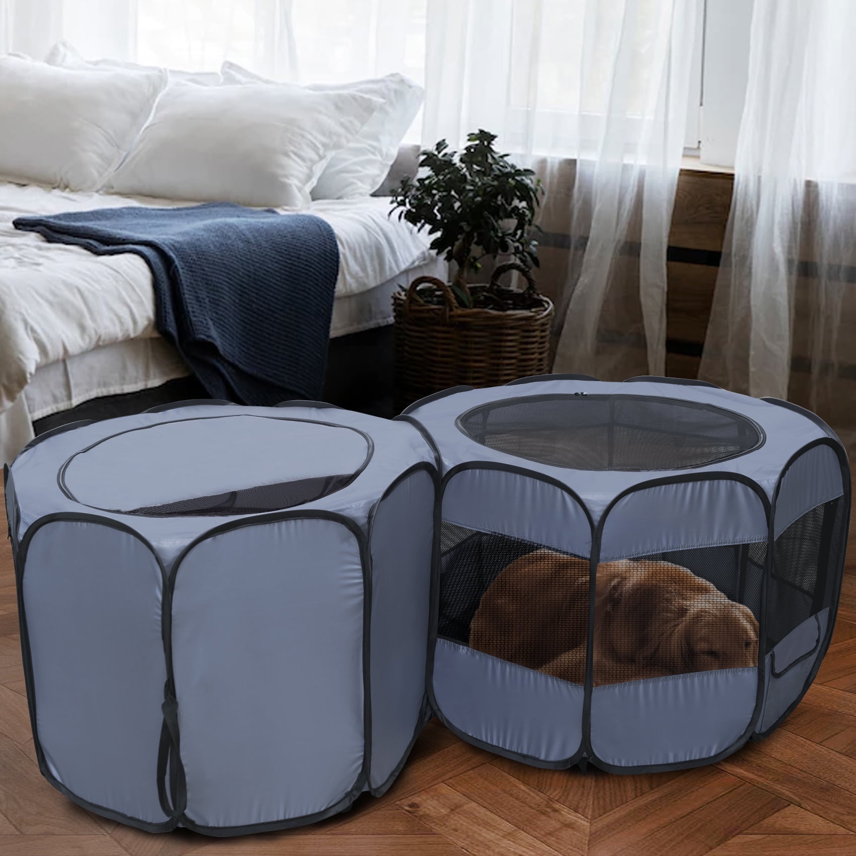 Large Gray Double Room Pop-Up Pet Playpen