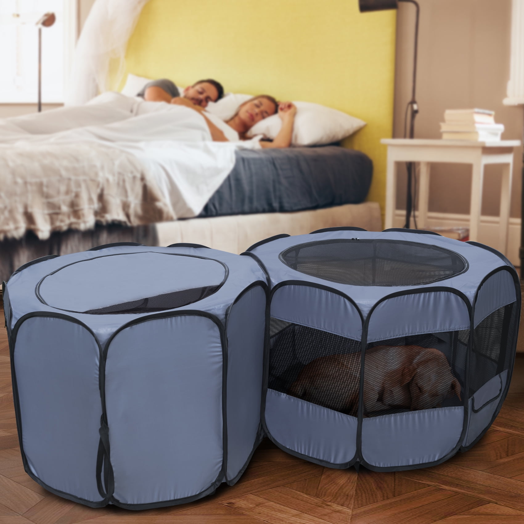 Gray Double Room Pop-Up Pet Playpen with Mesh Panels