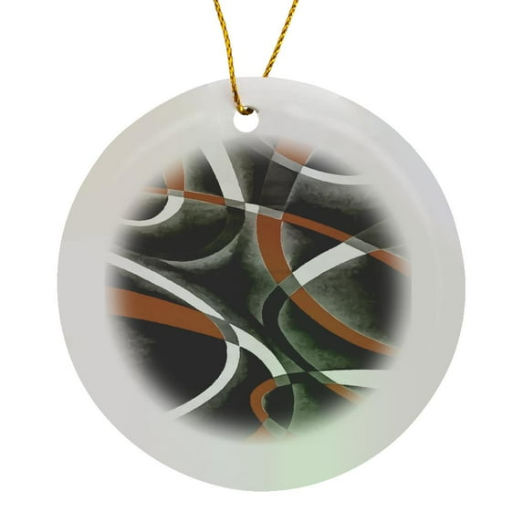 3drose, Eighties Orange White Grey Line Curve Pattern on Black, Circle Porcelain Ornament