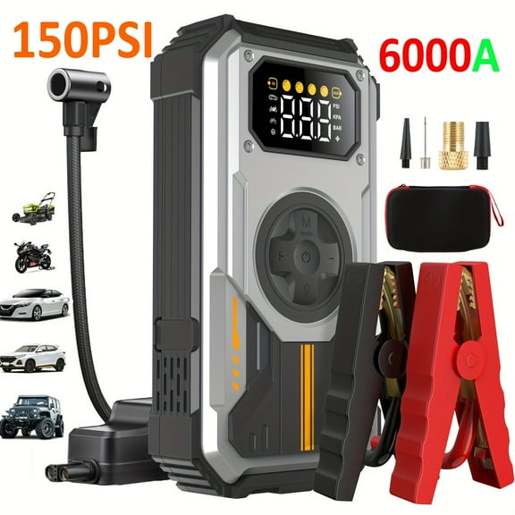 Eigotrav Car Battery Jump Starter with Air Compressor, car Jumper Portable 6000A (Up to 7.5L Gas, 6L Diesel), LCD Display LED Flashlight