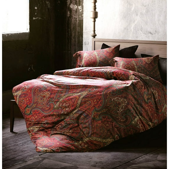 Eikei Boho Paisley Print Luxury Duvet Cover and Shams Bedding Set Bohemian Damask Medallion 350TC Egyptian Cotton Sateen - Spanish Red