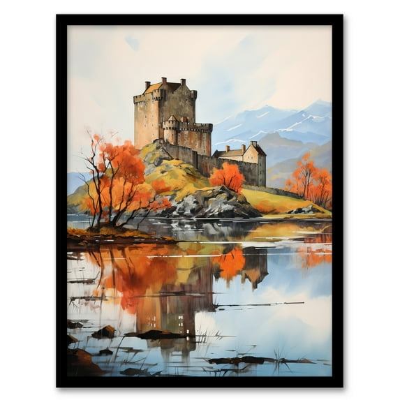Eilean Donan Castle Scotland Watercolour Painting Misty Morning Autumn Sunlight Art Print Framed Poster Wall Decor 12x16 inch