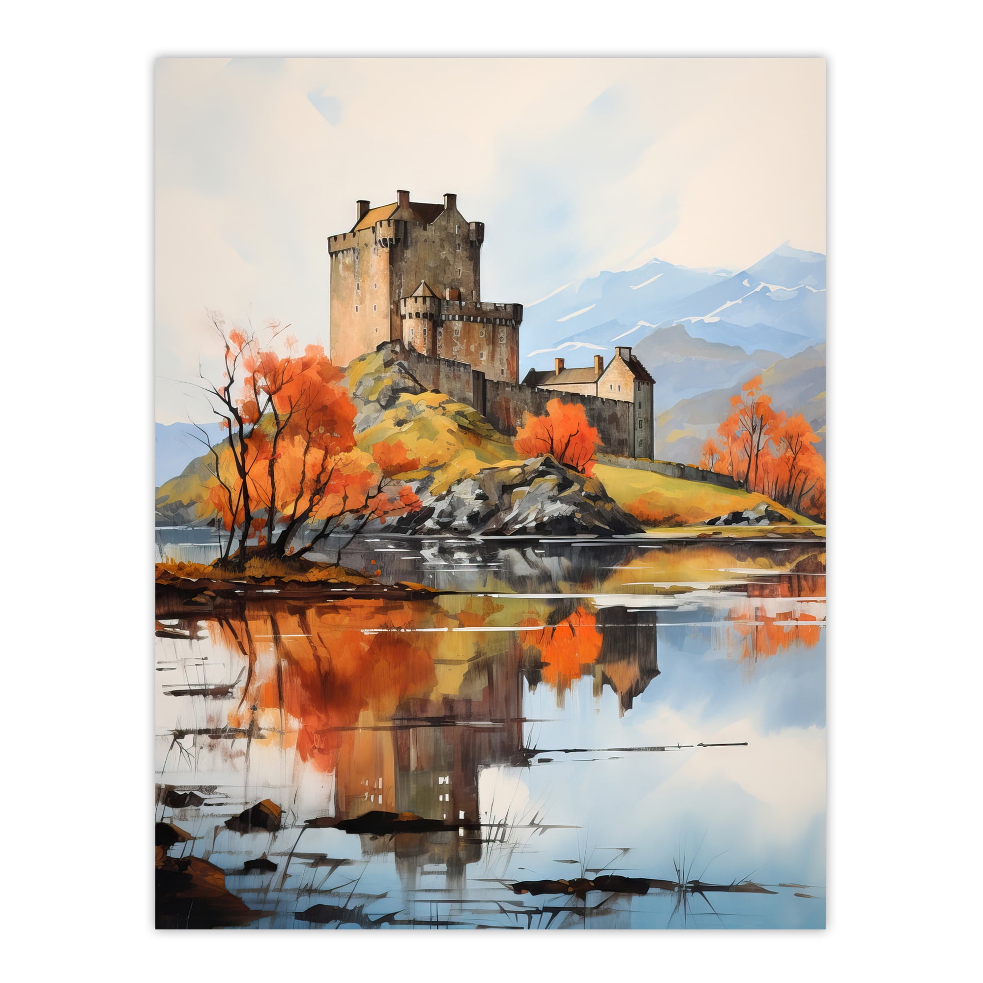 Eilean Donan Castle Scotland Watercolour Painting Misty Morning Autumn  Sunlight Large Wall Art Poster Print Thick Paper 18X24 Inch