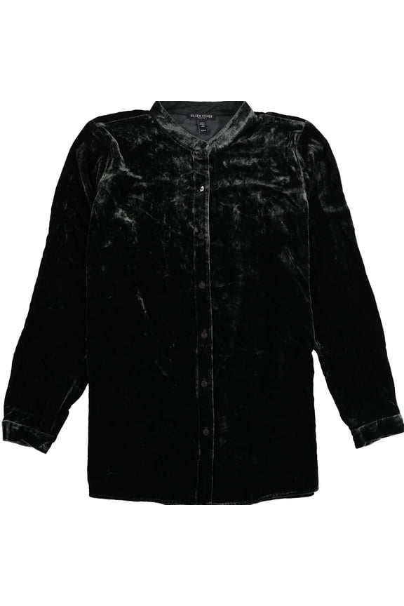 Womens Mandarin Collar Button Down Blouse, Green, Petite, P/PS