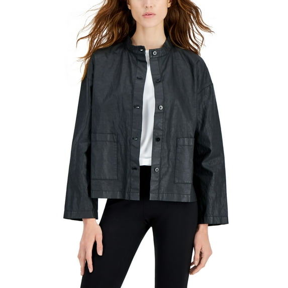 Eileen Fisher Womens Organic Cotton Linen Stand Collar Jacket Black S