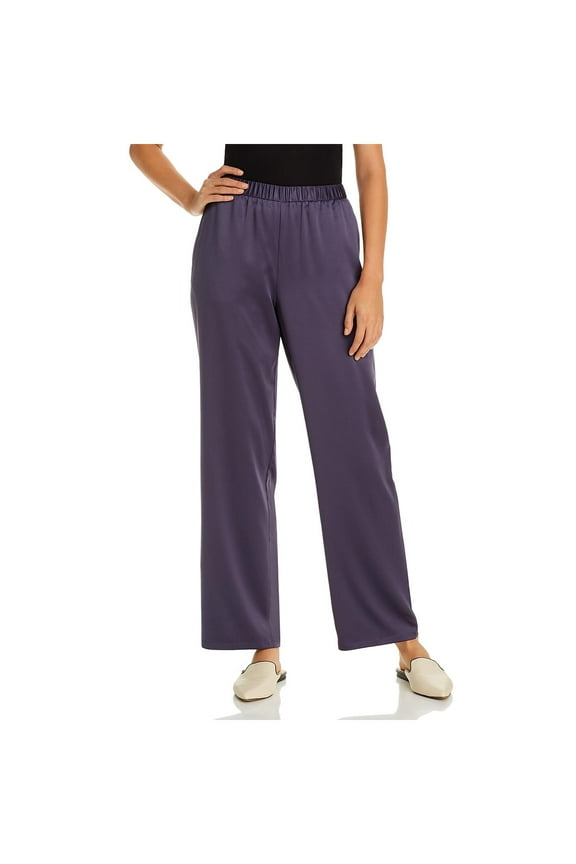 Womens Satin Office Straight Leg Pants Navy L