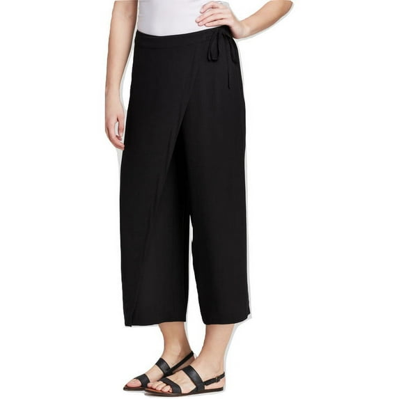 Eileen Fisher Wrap Front Wide Leg Silk Crop Pants, Black, XL