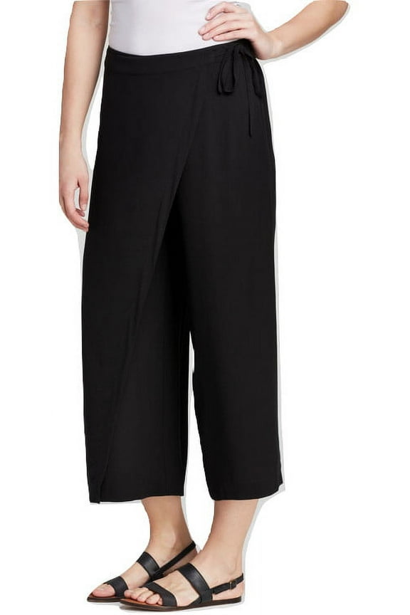 Wrap Front Wide Leg Silk Crop Pants, Black, XL