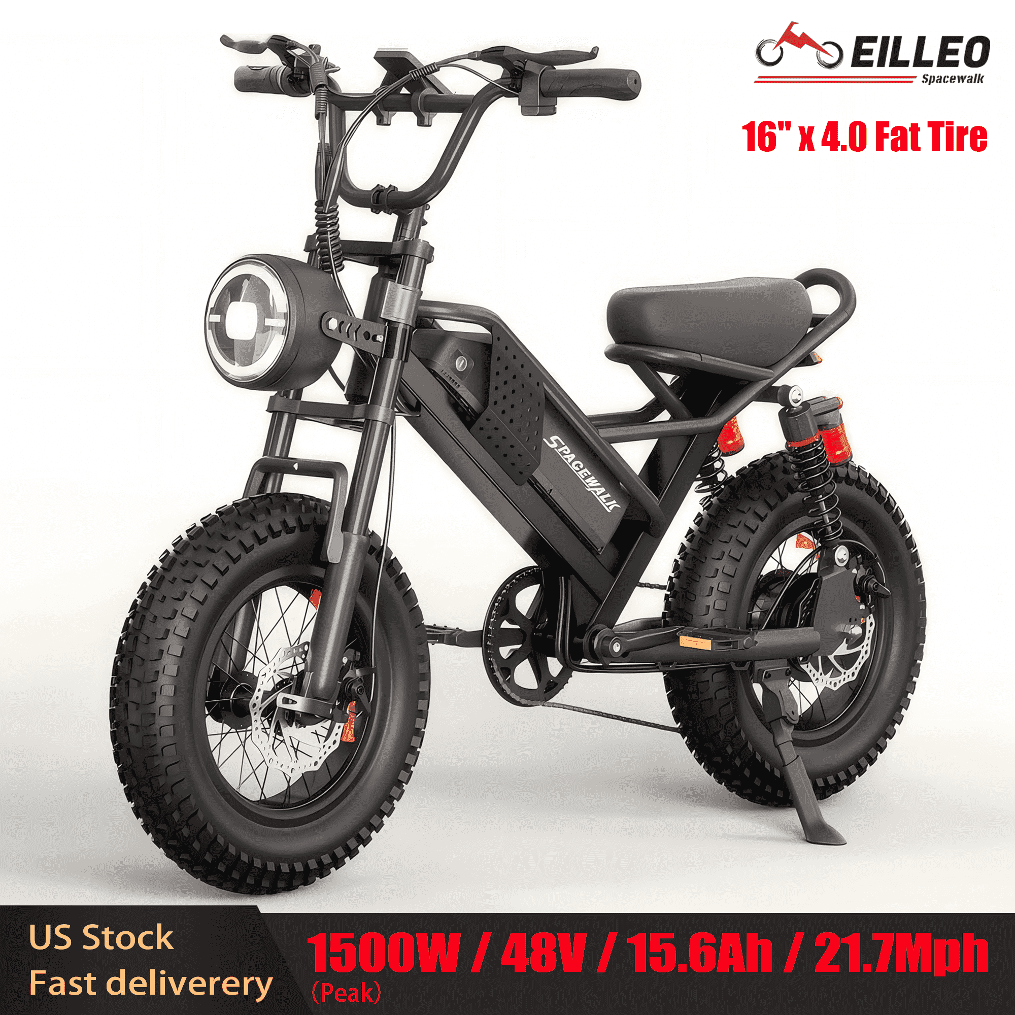 Eilleo Spacewalk M6 Off road Electric Bike for Teens/Adults,16" fat tire Ebike,1500W Peak Motor 21.7mph,48V 15.6Ah Removable Battery, Dual Suspension UL2849