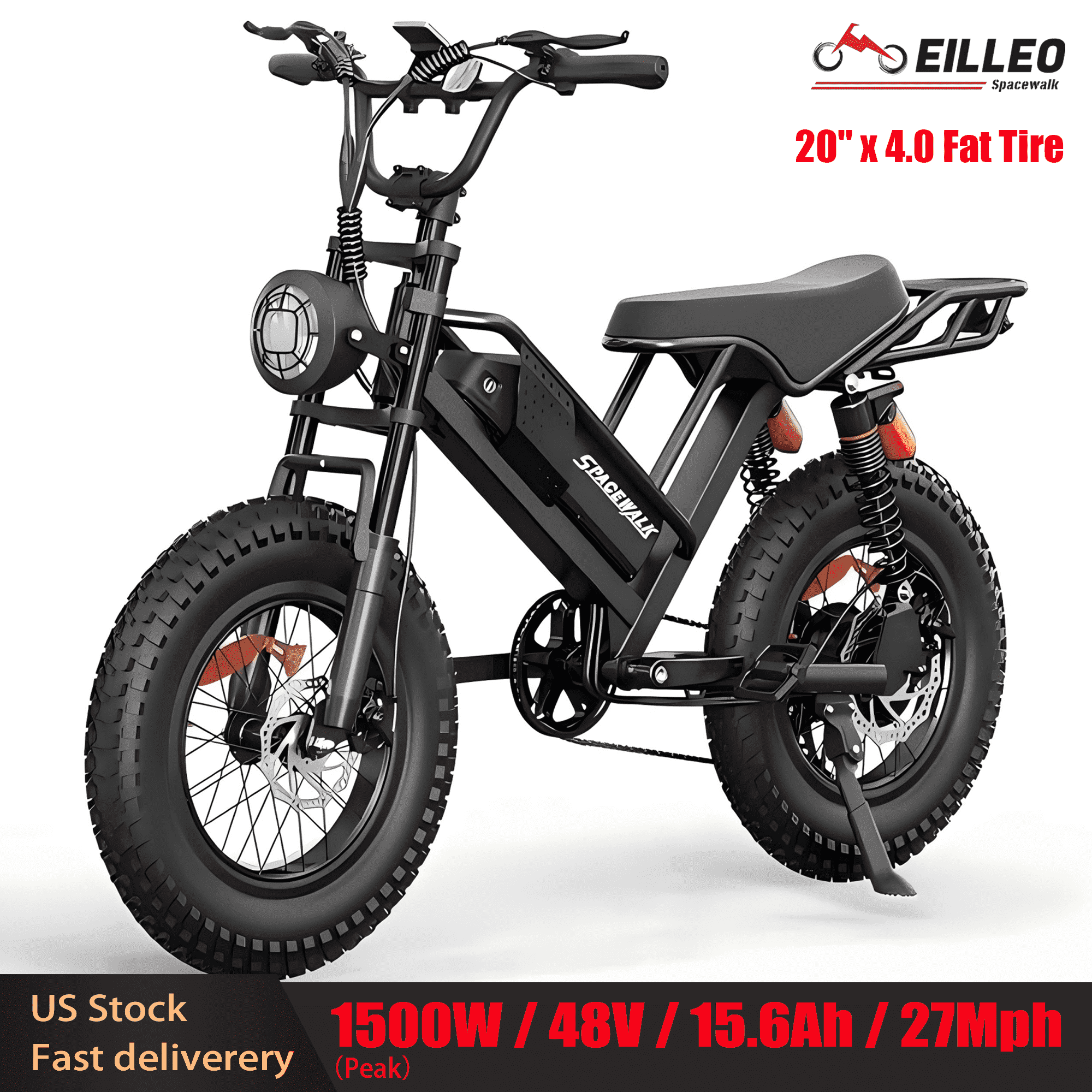 Eilleo Spacewalk M7 Off Road Electric Bike for Teens/Adults,20" fat tire Ebike,1500W Peak Motor,24.9mph,48V 15Ah Removable Battery, Dual Suspension UL2849