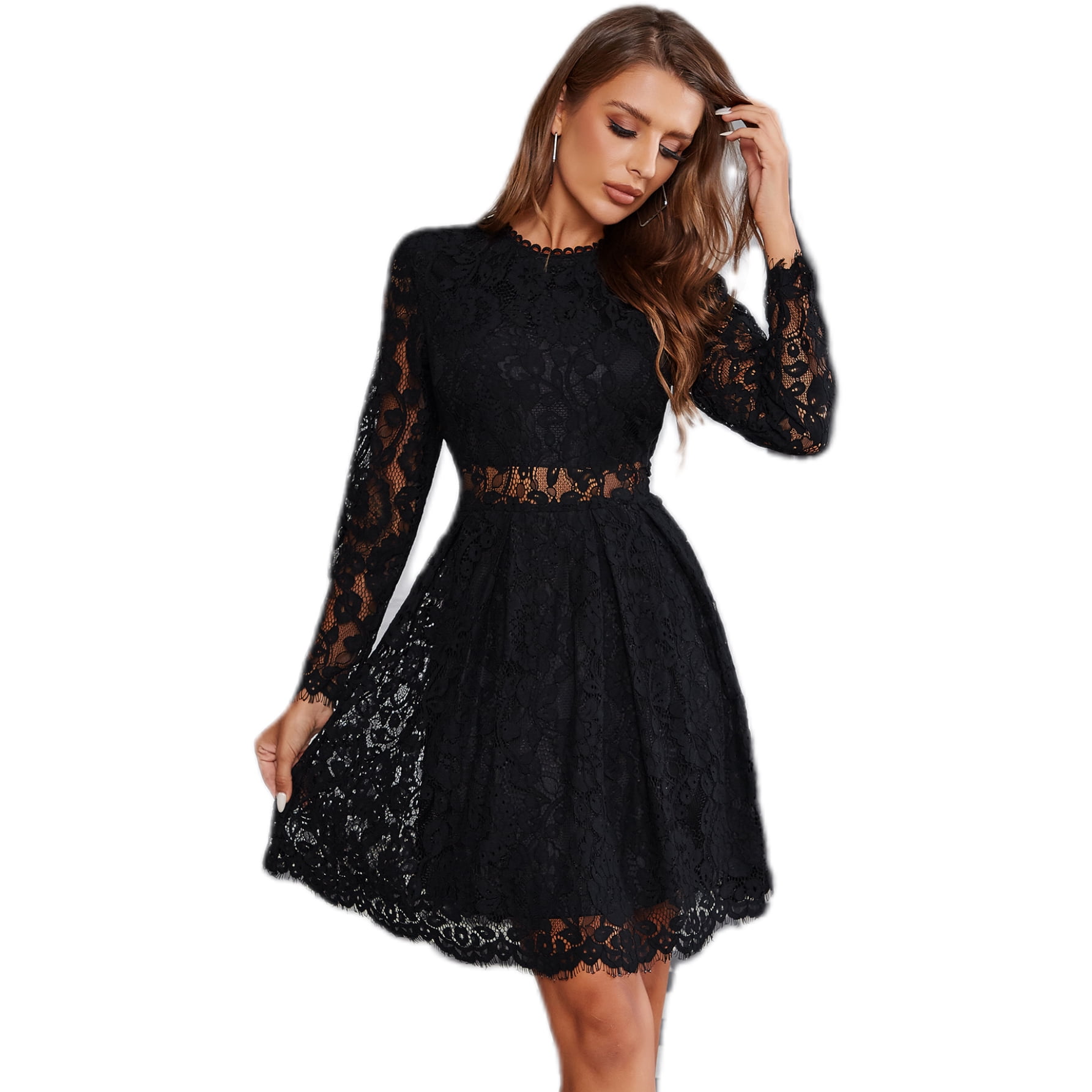 Black lace a line dress with sleeves sale