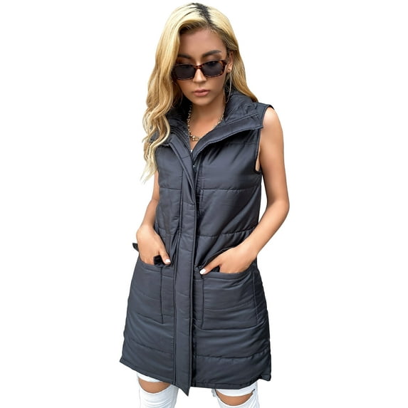 Eilly Bazar Black Puffer Vest Coat for Women Sleeveless Female Flap Pocket Zip Up Coat M