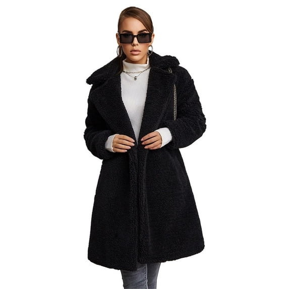 Eilly Bazar Black Teddy Coat for Women Long Sleeve Female Double Button Midi Coat M