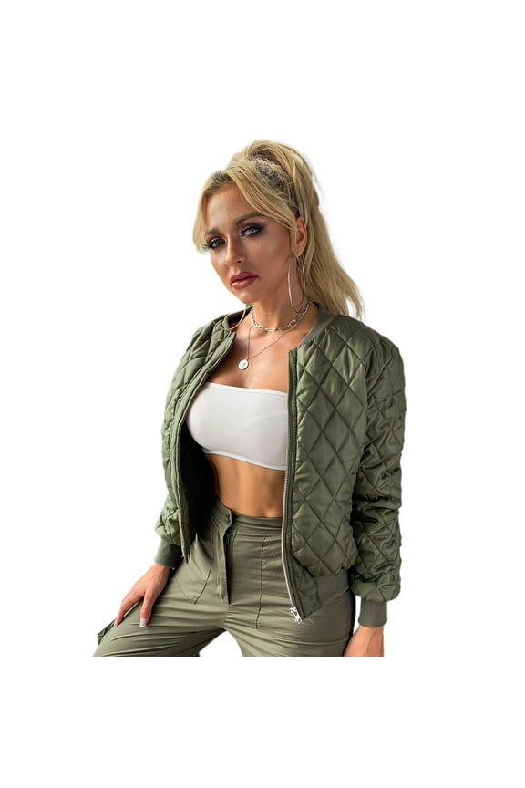 Classic Bomber Jacket for Women Quilted Female Zip Up Short Jacket Army Green XS
