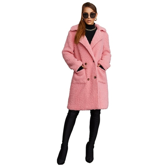Eilly Bazar Coral Pink Teddy Coat for Women Long Sleeve Female Double Button Side Pockets Mid Length Coat L