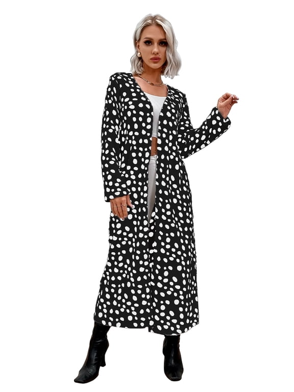 Open Front Longline Coat for Women Long Sleeve Female Dalmatian Pattern CoatNo Pocket Black M