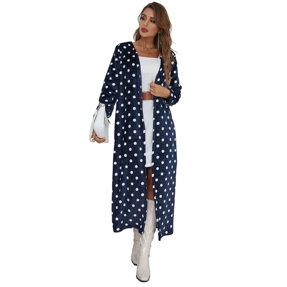 Eilly Bazar Open Front Longline Coat for Women Long Sleeve Female Dalmatian Pattern CoatNo Pocket Navy L