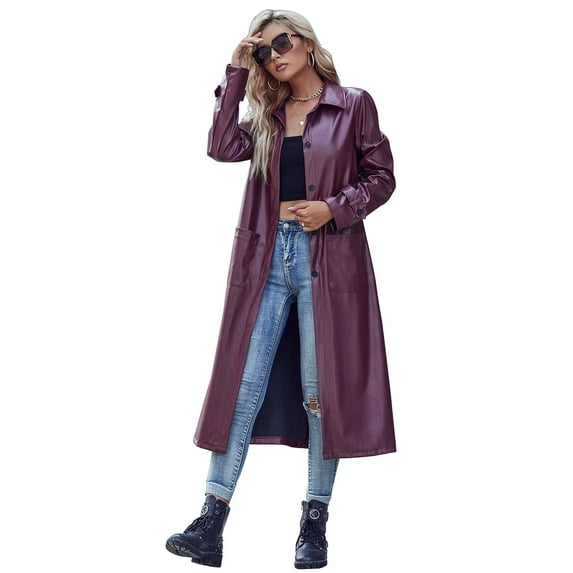 Eilly Bazar PU Faux Leather Trend Coat for Women Long Sleeve Female Long Trend Coat Burgundy S