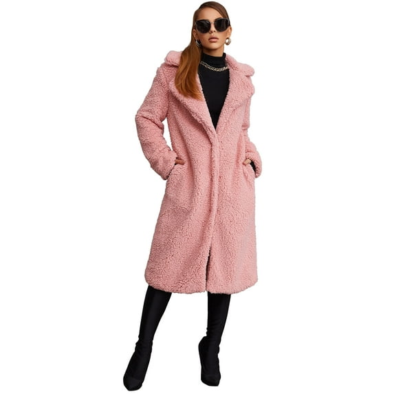 Eilly Bazar Pink Teddy Coat for Women Long Sleeve Female Double Button Midi Coat M