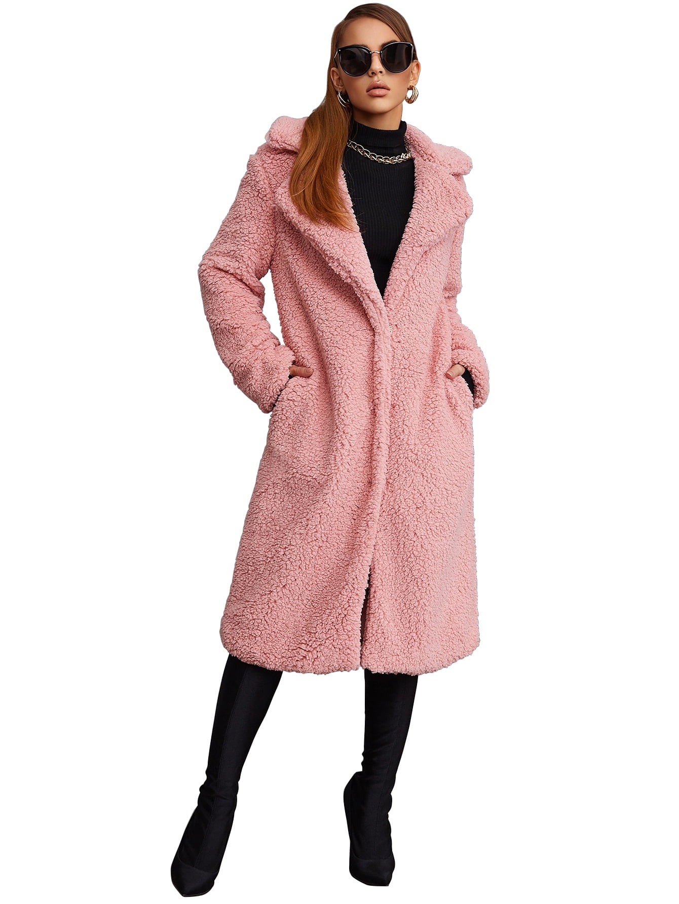 Eilly Bazar Pink Teddy Coat for Women Long Sleeve Female Double Button Midi Coat S