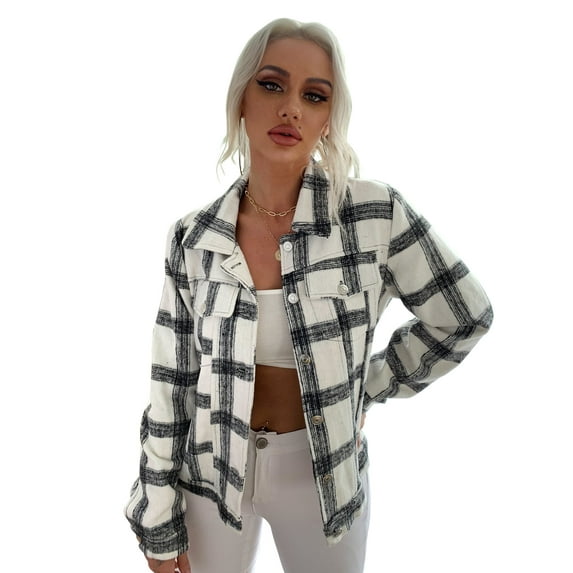 Eilly Bazar Plaid Jackets for Women Long Sleeve Shackets Female Button Front Patch Pocket Coats Blouse Black and White M