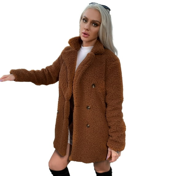 Eilly Bazar Teddy Coat for Women Double Breasted Faux Sherpa Female Coat Coffee Brown S