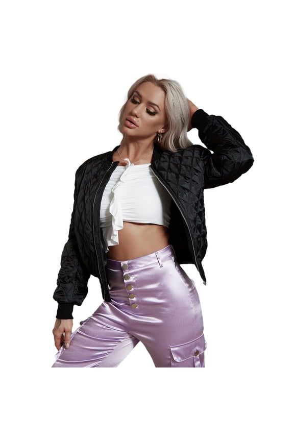 Classic Bomber Jacket for Women Quilted Female Zip Up Short Jacket Black M
