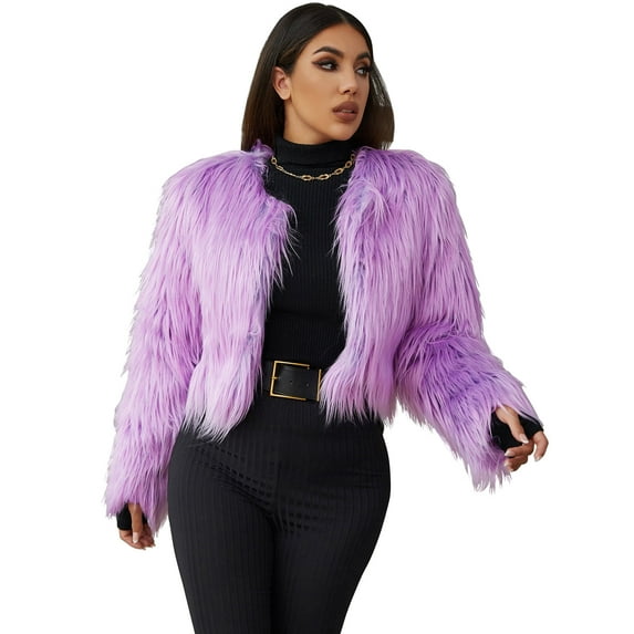 Eilly Bazar Women's Cropped Faux Fur Jacket Coat Parka Shaggy Fur Coat Long Sleeve Winter Outerwear Fluffy Jackets Purple S