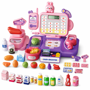 Einailvk Kids Cash Register Toy, 62Pcs Pretend Store Playset with Calculator, Scanner, Play Food, Toddler Preschool Toy Ages 3+Pink & Purple