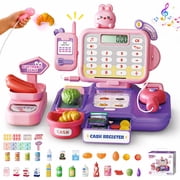 Einailvk Kids Cash Register Toy, 62Pcs Pretend Store Playset with Calculator, Scanner, Play Food, Toddler Preschool Toy Ages 3+(Pink & Purple)