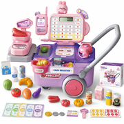 Einailvk Kids Cash Register with Scanner, Calculator, Storage Box, 65Pcs Pretend & Play Store Playset Gift for Ages 3+Pink & Purple