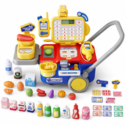 Einailvk Kids Cash Register Toy, 65Pcs Pretend Store Playset with Calculator, Scanner, Storage Box, Toddler Preschool Toy Ages 3+Red & Yellow
